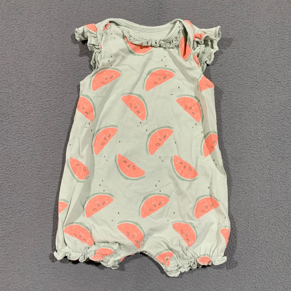 Carter's Romper Baby Girls 3-6M Watermelon Ruffle Sleeve‎ Mint Green Fruit Print